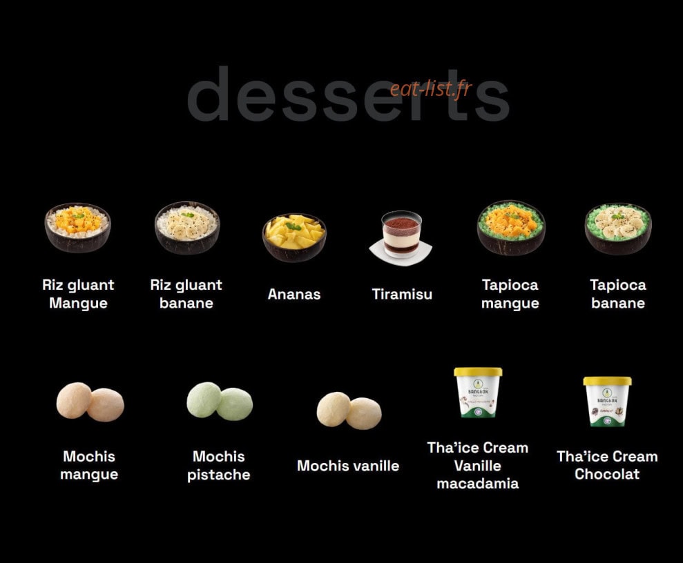 Carte et menu de Bangkok Factory à Asnieres sur Seine — Les desserts