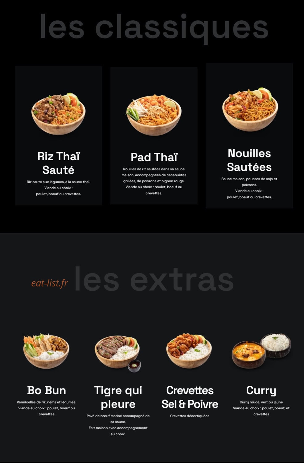 Carte et menu de Bangkok Factory à Asnieres sur Seine — Les classiques et extras