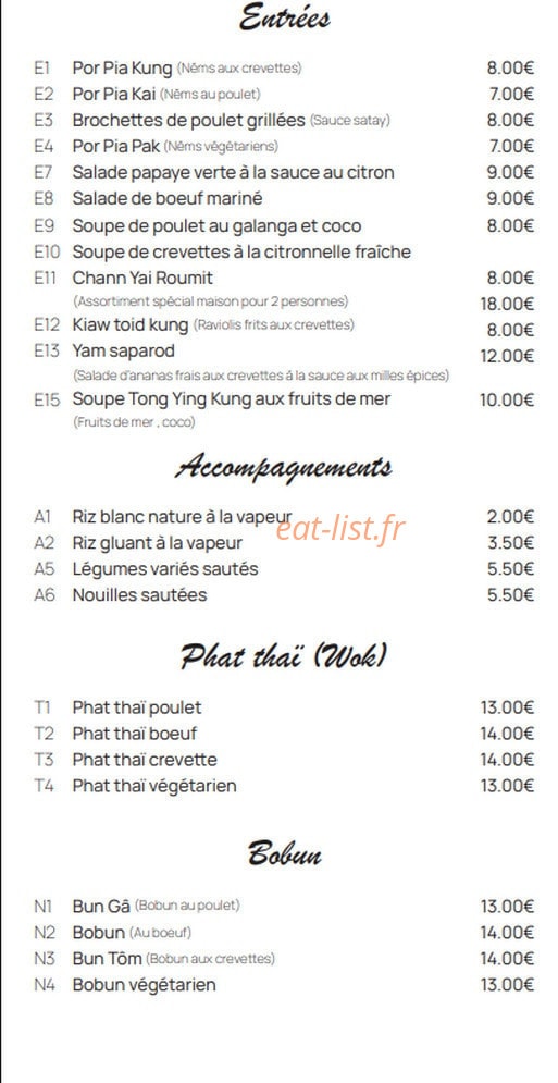 Bistro Thaï — carte page 1
