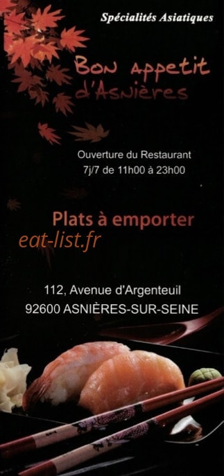 Carte et menu Bon Appetit d'Asnieres Asnières sur Seine