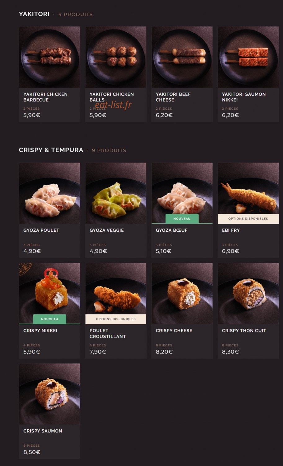 Carte et menu de Côté Sushi à Asnieres sur Seine — Les yakitoris et crispy et tempuras