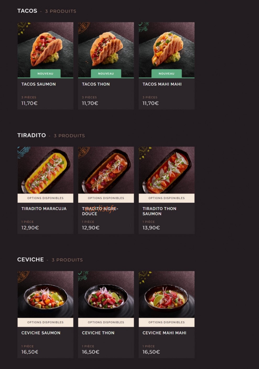 Carte et menu de Côté Sushi à Asnieres sur Seine — Les tacos, tiraditos et ceviches