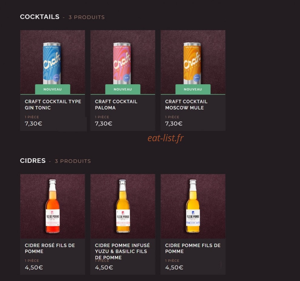 Carte et menu de Côté Sushi à Asnieres sur Seine — Les cocktails et cidres