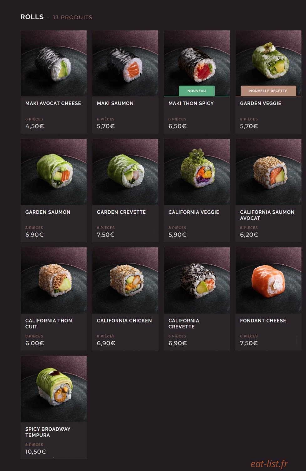 Carte et menu de Côté Sushi à Asnieres sur Seine — Les rolls