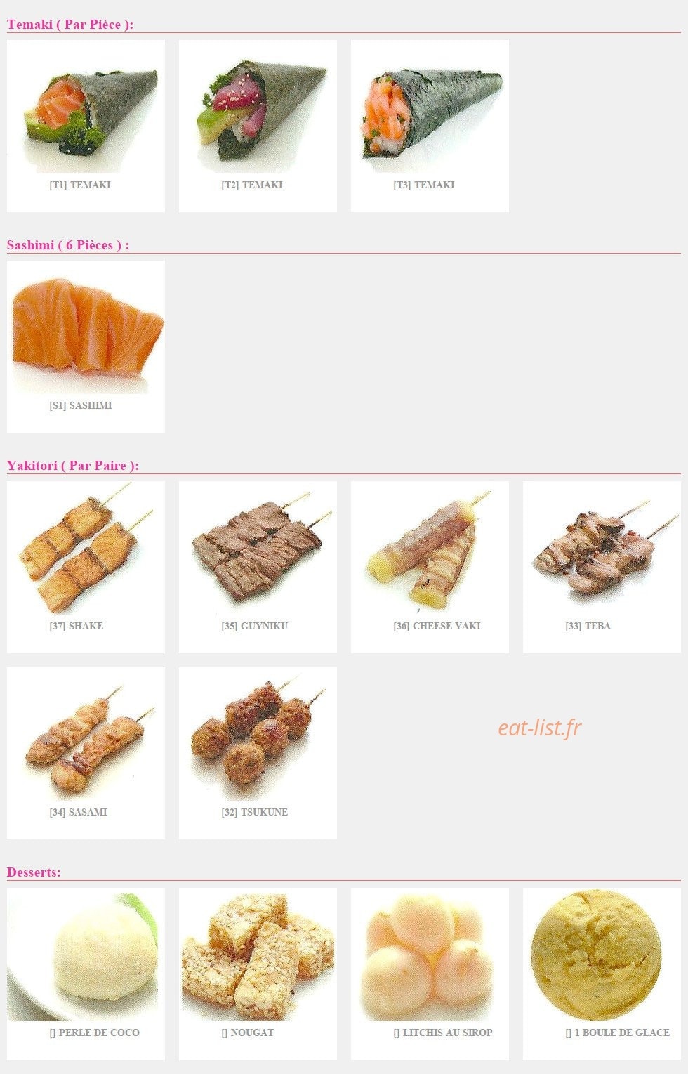 Menu Hokiko - Les temakis, sashimis, yakitoris et desserts