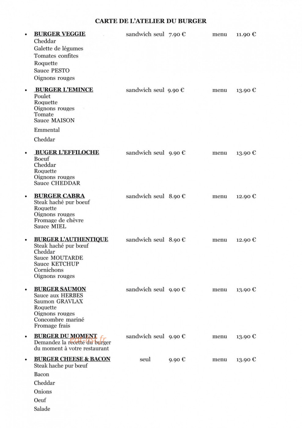 L'Atelier du Burger — carte page 1