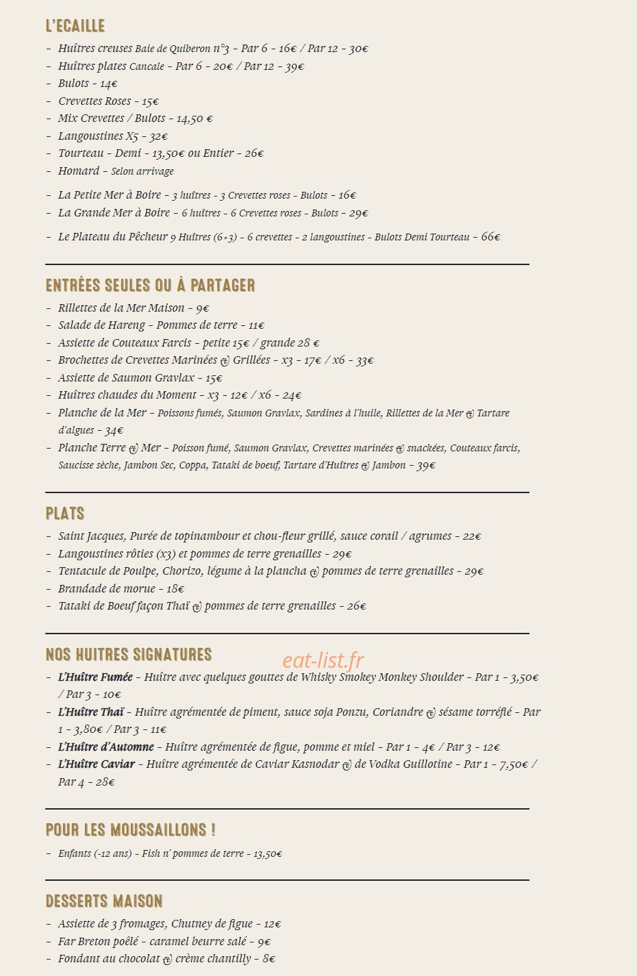 Carte et menu de La Mer à Boire à Asnieres sur Seine — Les entrées, plats et huitres