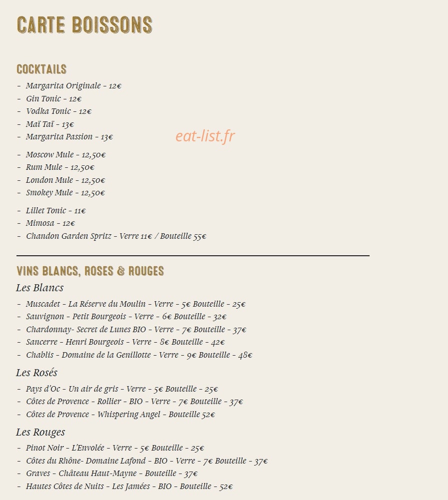 Carte et menu de La Mer à Boire à Asnieres sur Seine — Les cocktails et vins