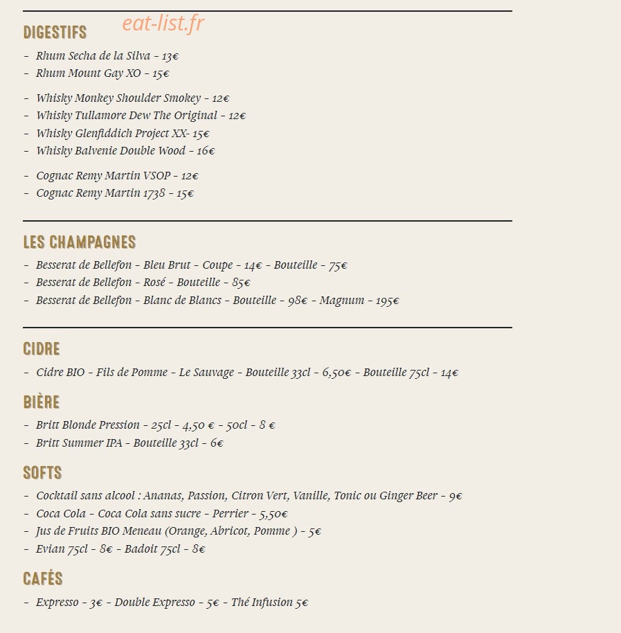 Carte et menu de La Mer à Boire à Asnieres sur Seine — Les digestifs, champagnes et bières,...
