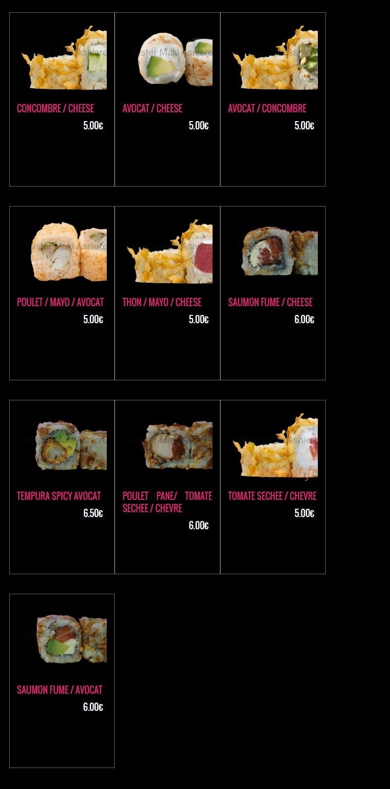 Carte et menu de Mister Maki à Asnieres sur Seine — Les mister crispy suite