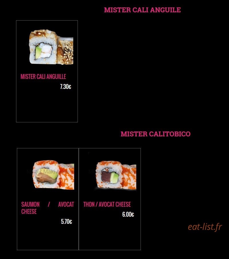 Carte et menu de Mister Maki à Asnieres sur Seine — Les mister cali anguille et mister calitobico