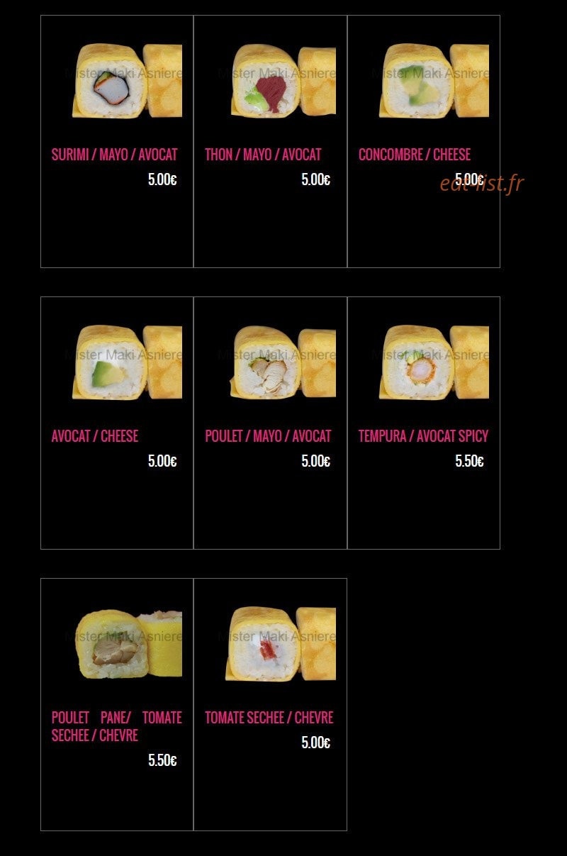 Carte et menu de Mister Maki à Asnieres sur Seine — Les mister egg suite