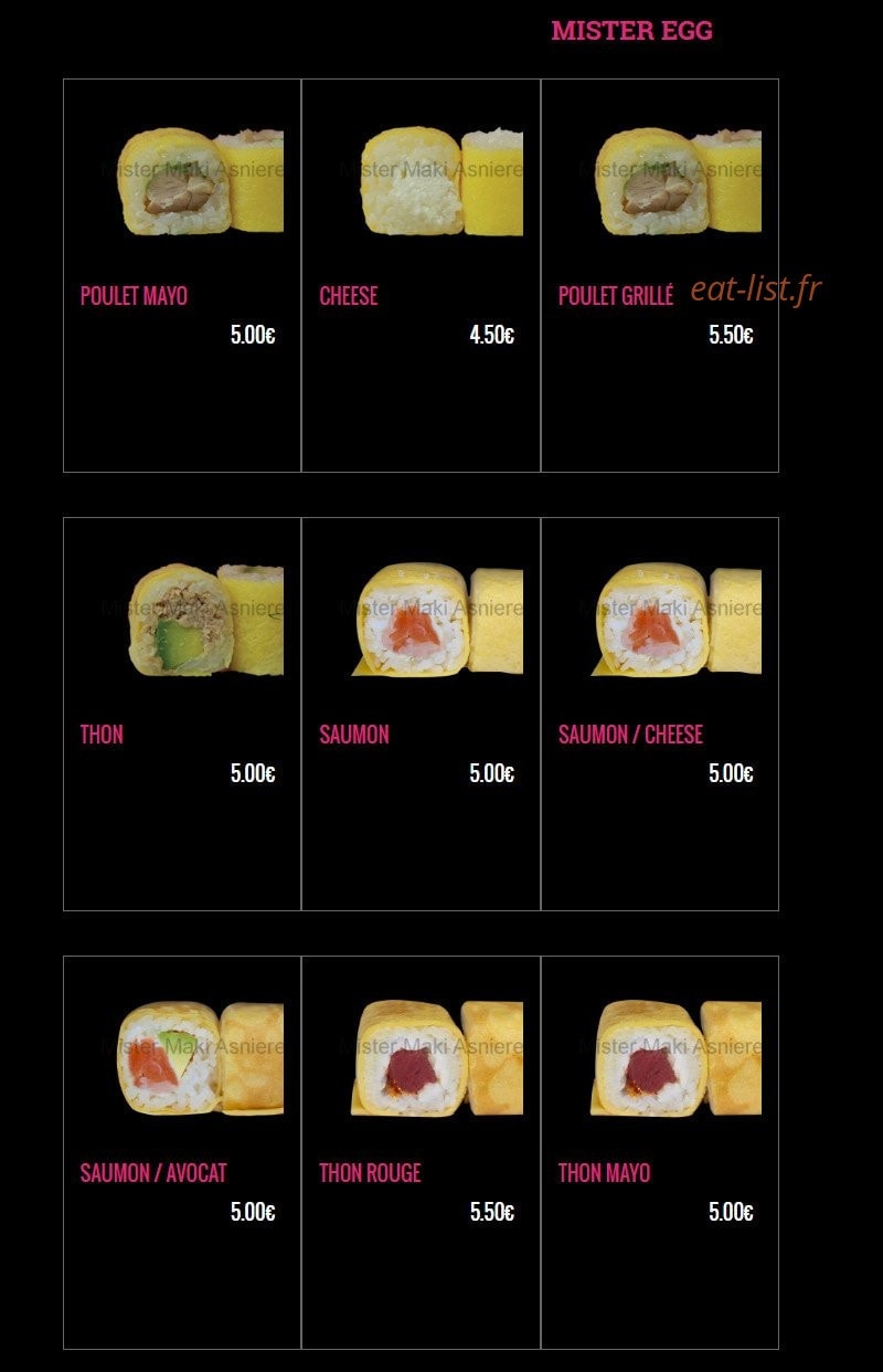 Carte et menu de Mister Maki à Asnieres sur Seine — Les mister egg