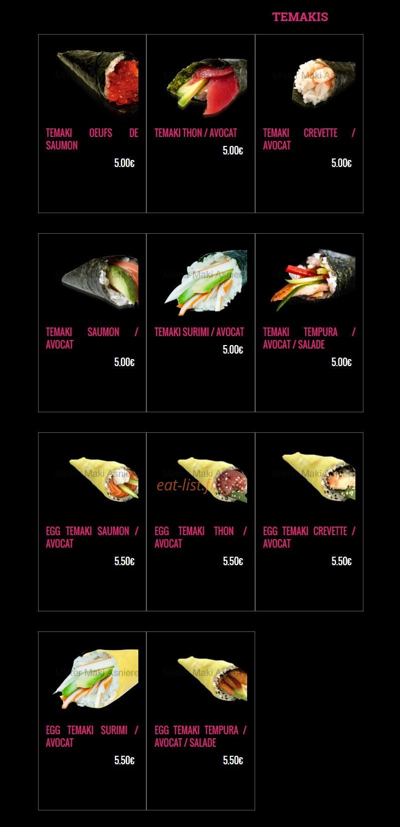 Carte et menu de Mister Maki à Asnieres sur Seine — Les temakis