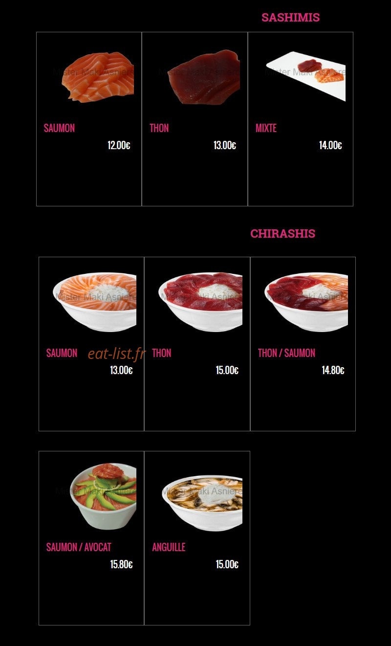 Carte et menu de Mister Maki à Asnieres sur Seine — Les sashimis et chirashis