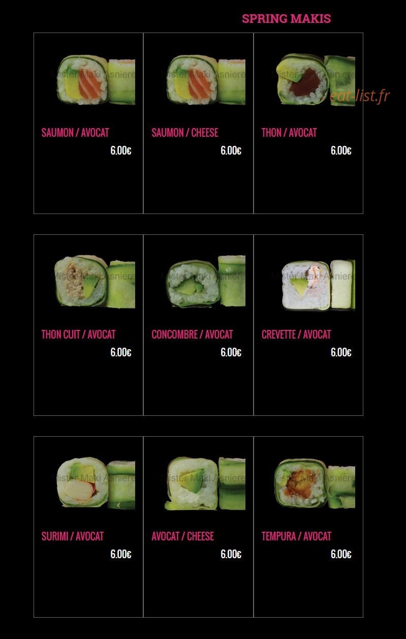 Carte et menu de Mister Maki à Asnieres sur Seine — Les spring makis