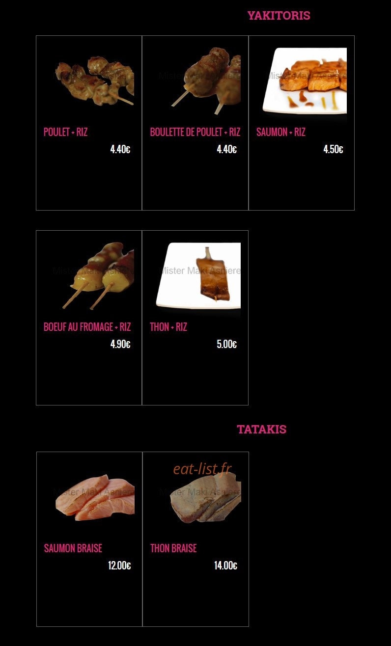 Carte et menu de Mister Maki à Asnieres sur Seine — Les yakitoris et tatakis