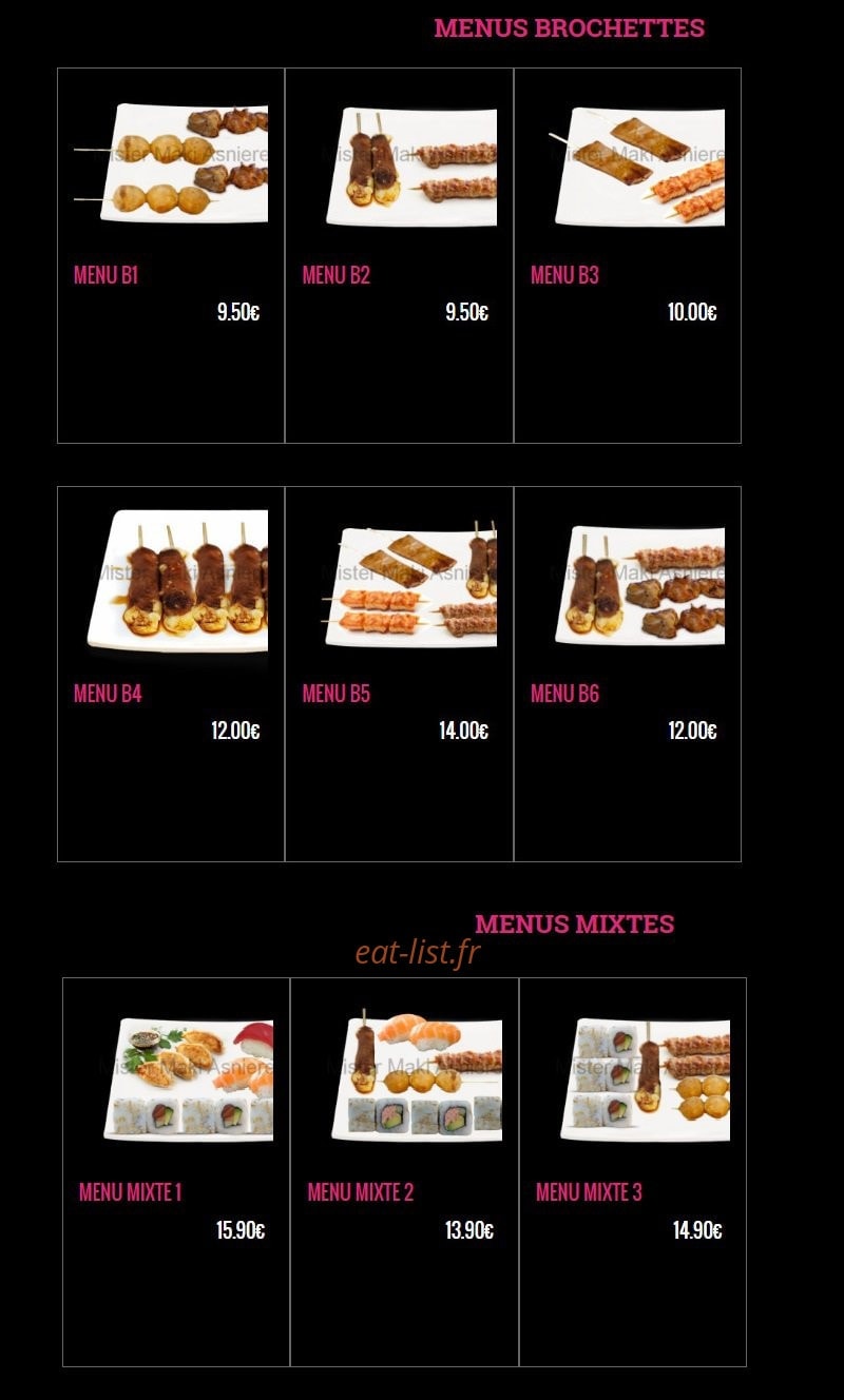 Carte et menu de Mister Maki à Asnieres sur Seine — Les menus brochettes et menus mixtes