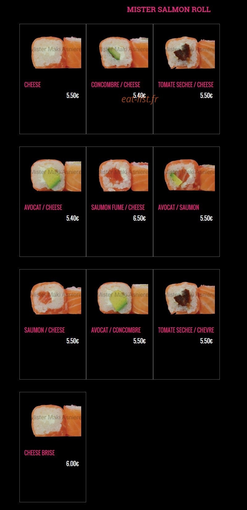 Carte et menu de Mister Maki à Asnieres sur Seine — Les mister salmon roll
