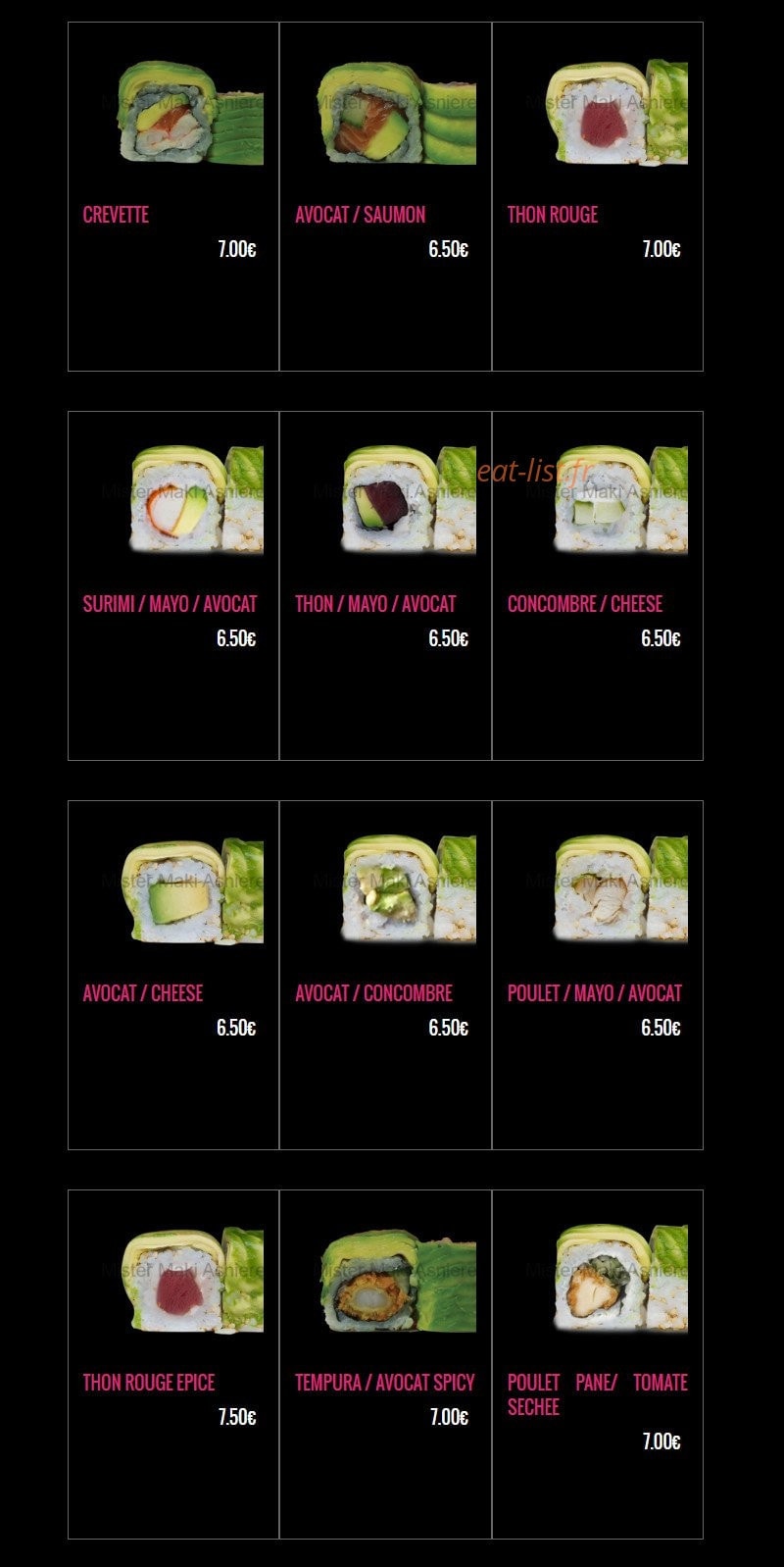 Carte et menu de Mister Maki à Asnieres sur Seine — Les mister avocado suite