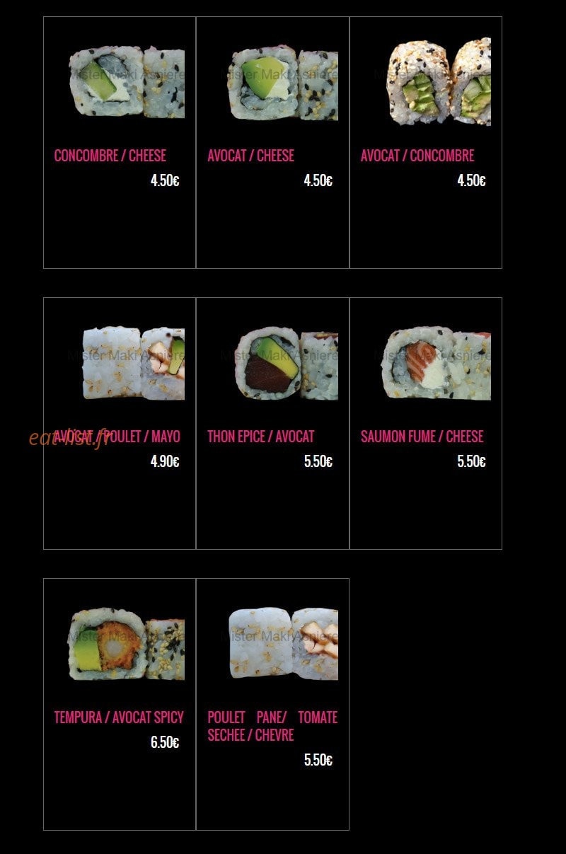 Carte et menu de Mister Maki à Asnieres sur Seine — Les californias makis suite