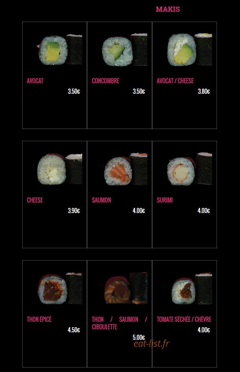 Carte et menu de Mister Maki à Asnieres sur Seine — Les makis