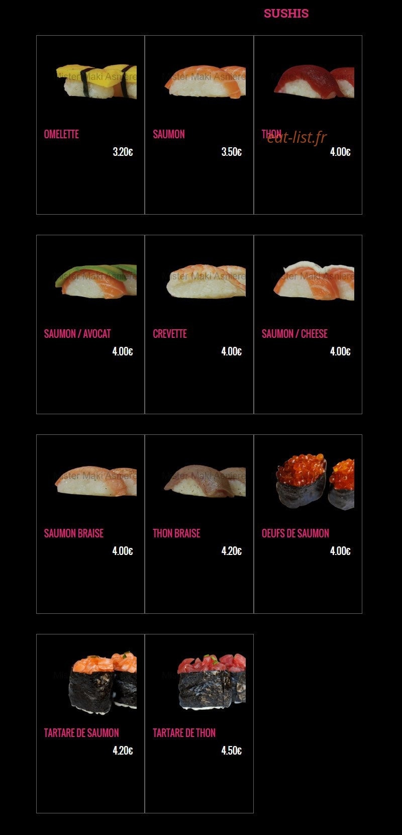 Carte et menu de Mister Maki à Asnieres sur Seine — Les sushis