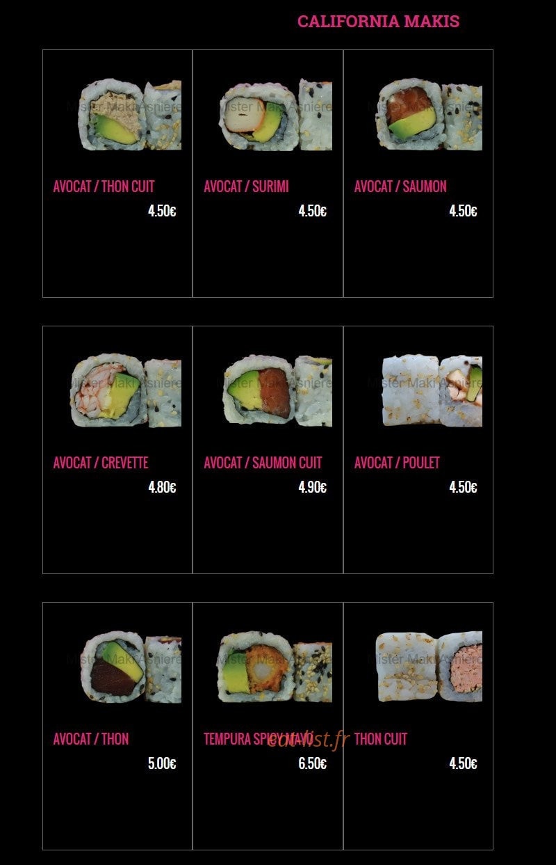 Carte et menu de Mister Maki à Asnieres sur Seine — Les californias makis