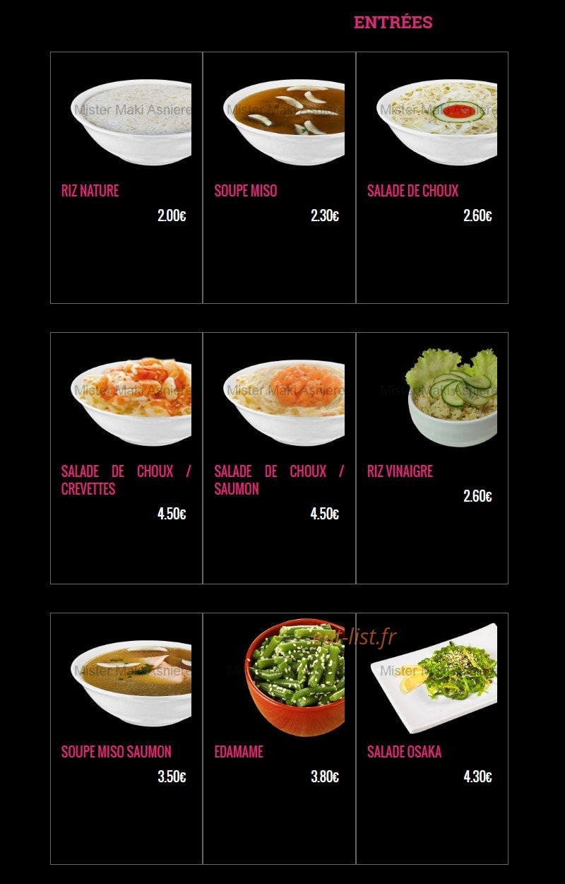 Carte et menu de Mister Maki à Asnieres sur Seine — Les entrées
