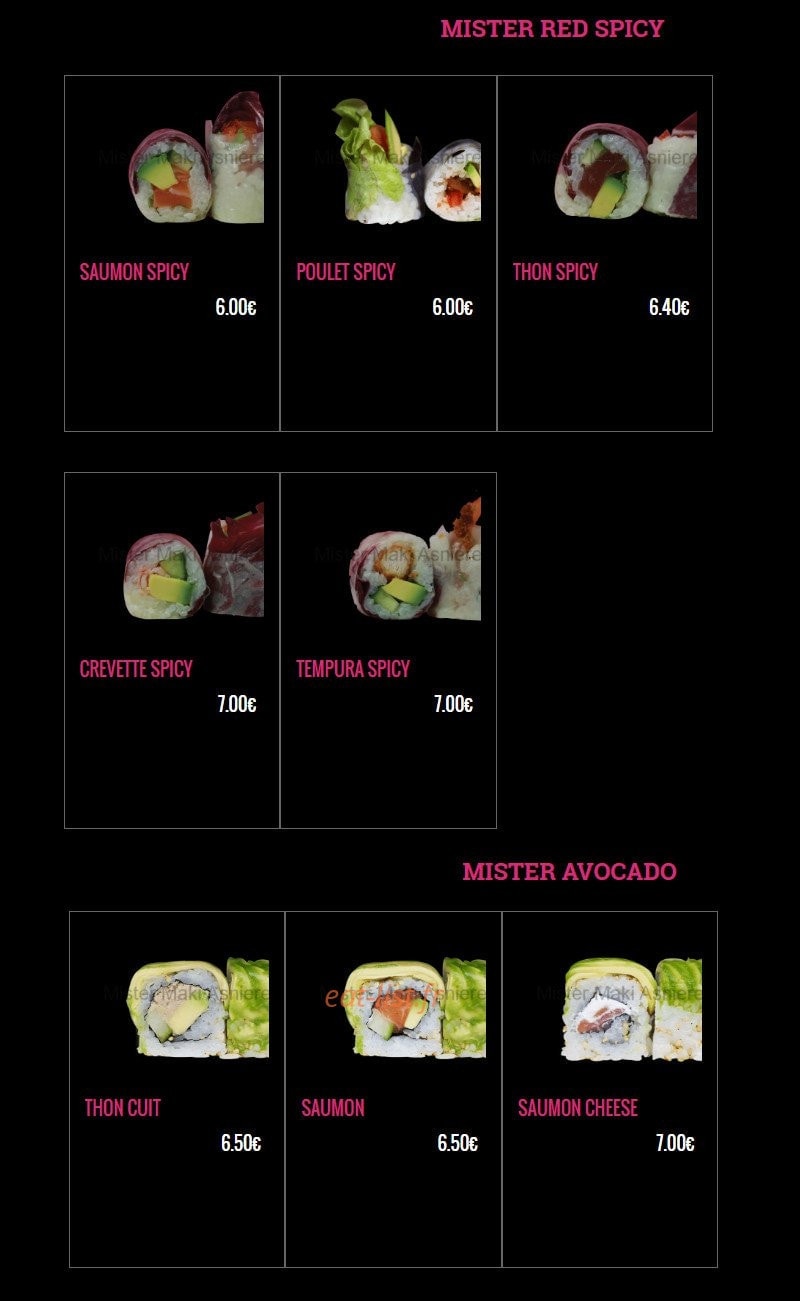 Carte et menu de Mister Maki à Asnieres sur Seine — Les mister flocon red spicy et mister avocado