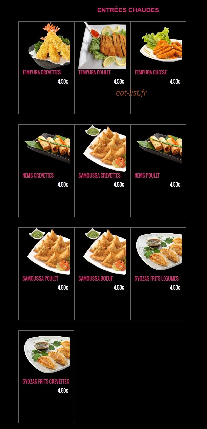 Carte et menu de Mister Maki à Asnieres sur Seine — Les entrées chaudes