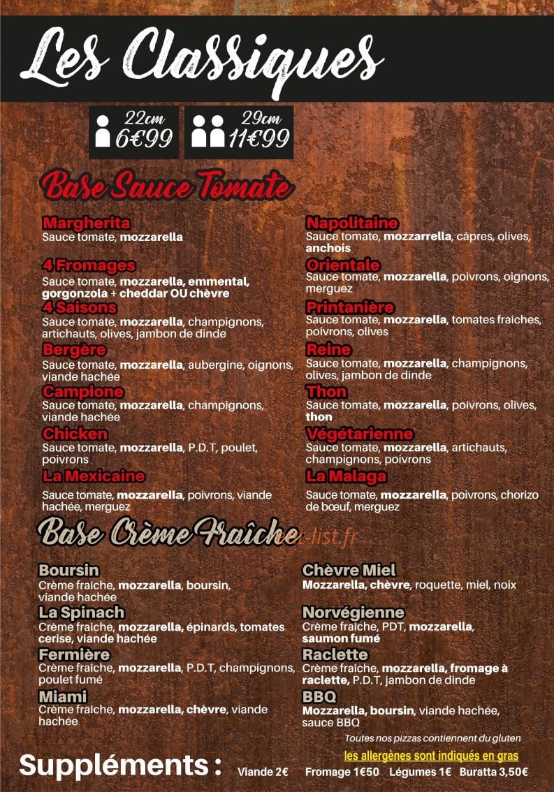 Carte et menu de O'flamme à Asnieres sur Seine — Les pizzas classiques