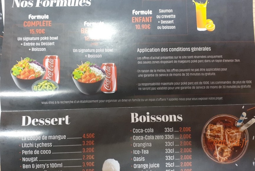 Carte et menu de Poke Parc à Asnieres sur Seine — Les formules, desserts, ...