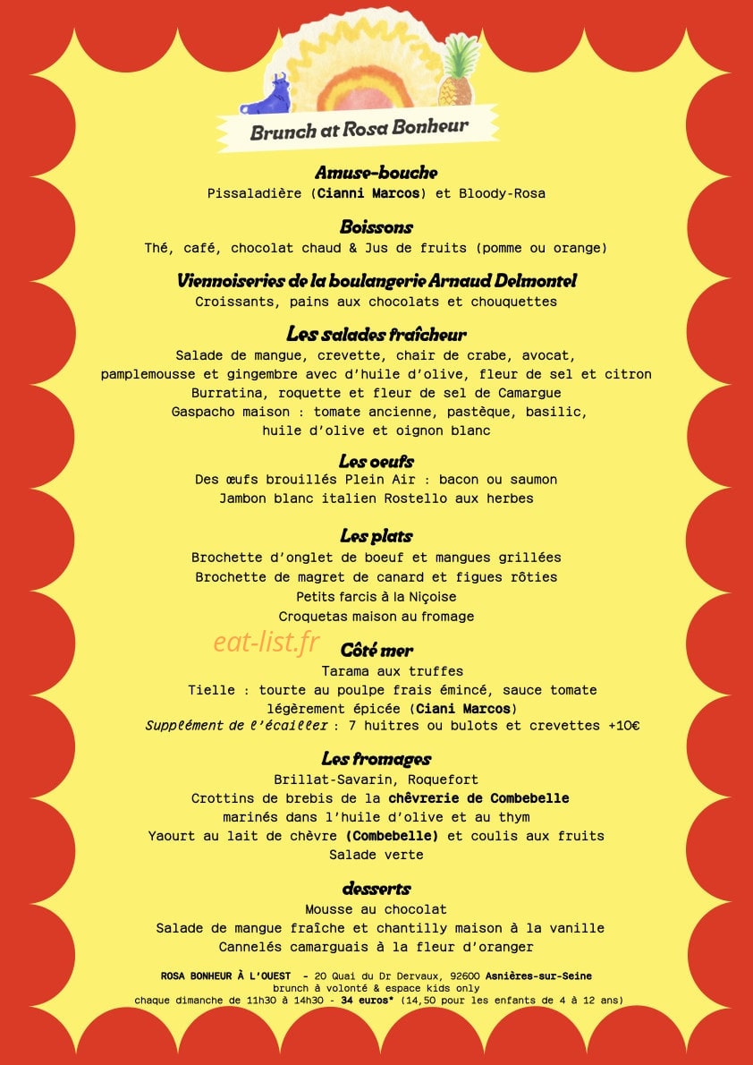 Carte et menu de Rosa Bonheur à l'Ouest à Asnieres sur Seine — Les œufs, plats et desserts,...
