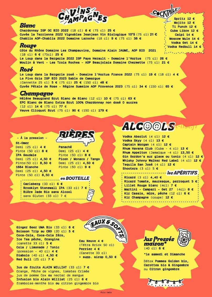 Carte et menu de Rosa Bonheur à l'Ouest à Asnieres sur Seine — Les bières, alcools et vins champagnes,...