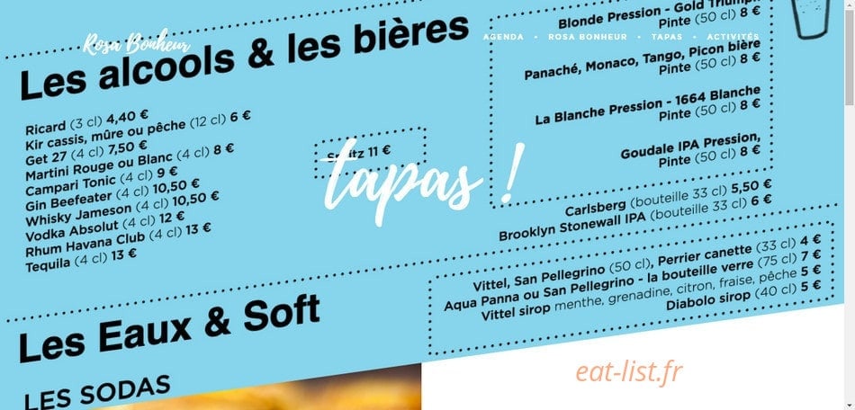 Carte et menu de Rosa Bonheur à l'Ouest à Asnieres sur Seine — Les alcools, eaux et softs,...
