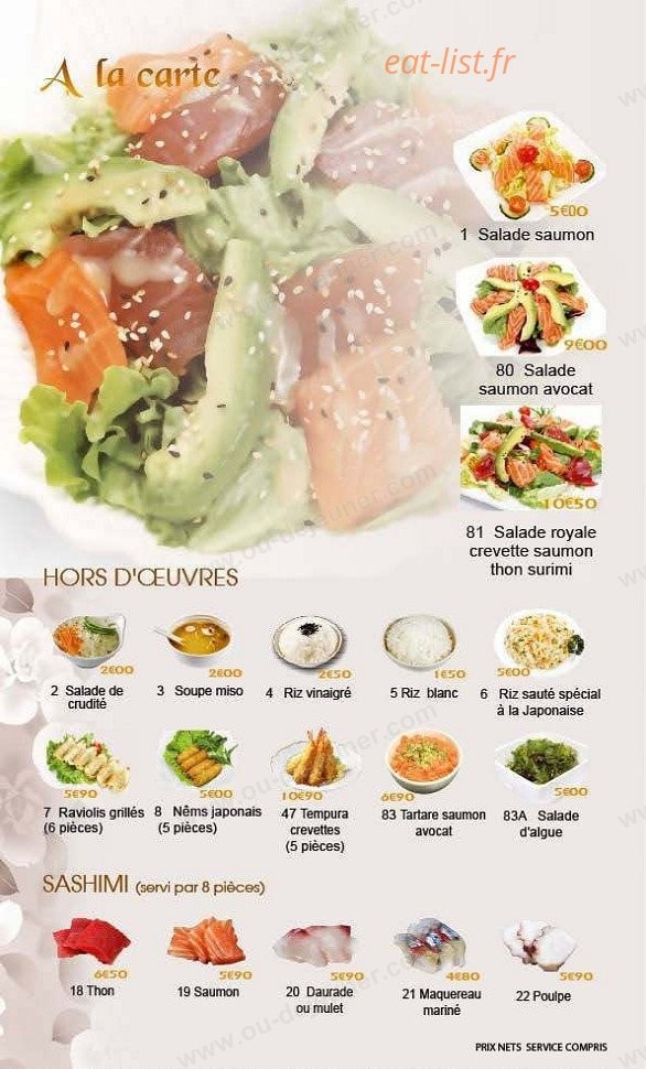 Carte et menu de Sushi tokyo à Asnieres sur Seine — Les hors d'oeuvres, sashimi