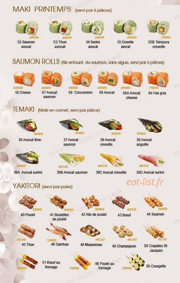 Carte et menu de Sushi tokyo à Asnieres sur Seine — Les makis printemps, témaki, yakitori...