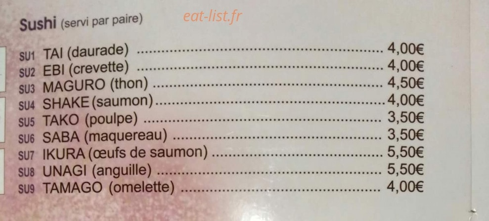 Carte et menu de Tokyo Sakura à Asnieres sur Seine — Sushi