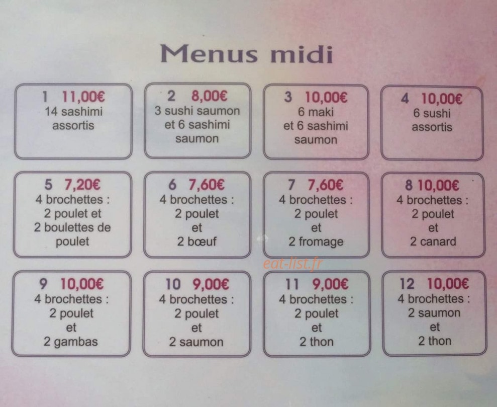 Carte et menu de Tokyo Sakura à Asnieres sur Seine — Menus midi