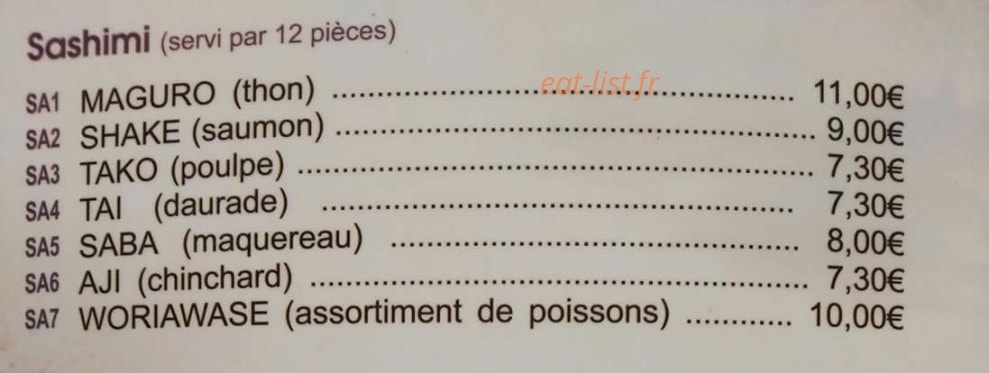 Carte et menu de Tokyo Sakura à Asnieres sur Seine — Sashimi