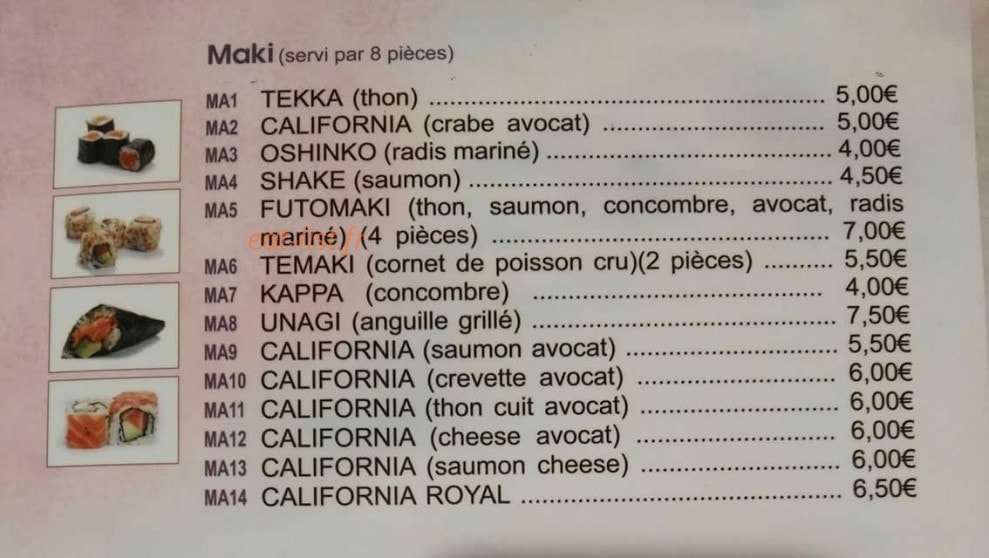 Carte et menu de Tokyo Sakura à Asnieres sur Seine — Maki