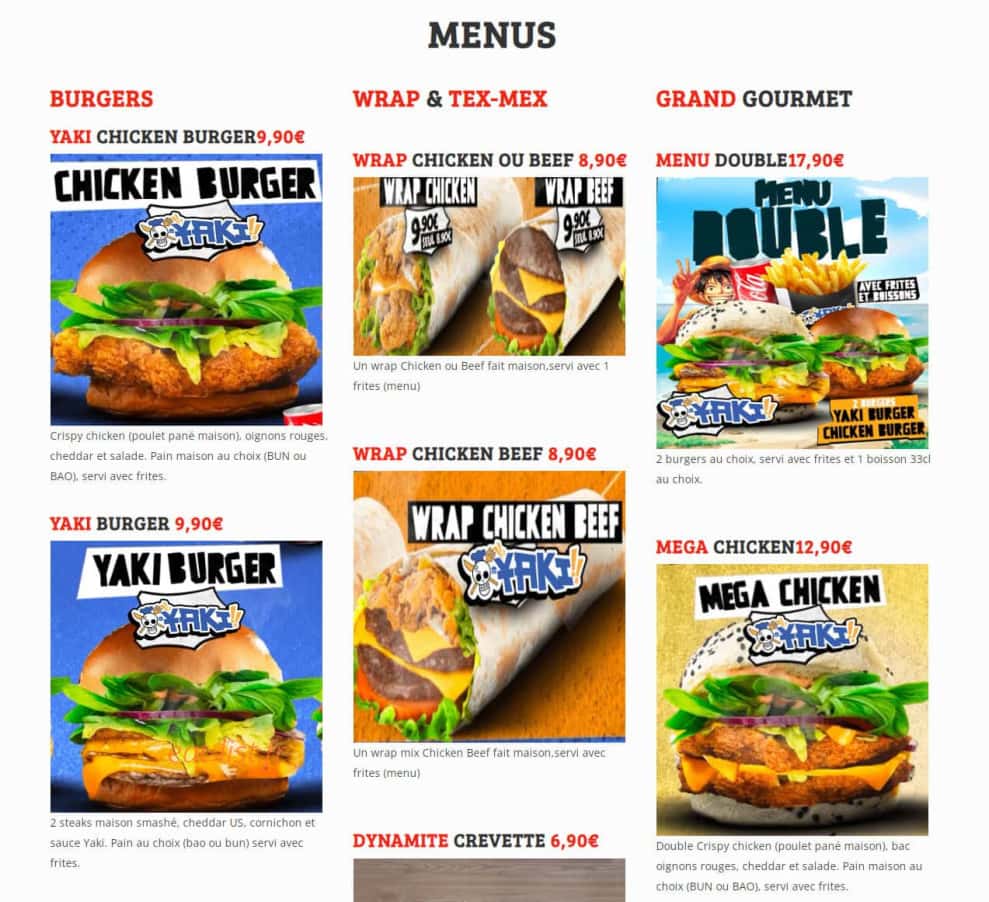 Yaki Burger — carte page 1