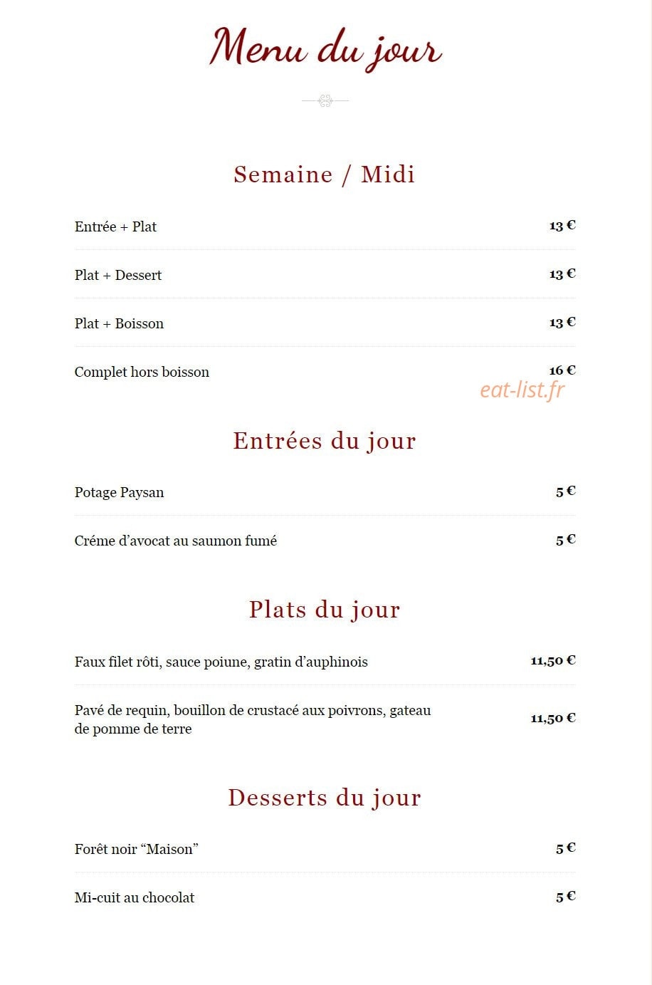 Bistrot Saint Pierre — carte page 1