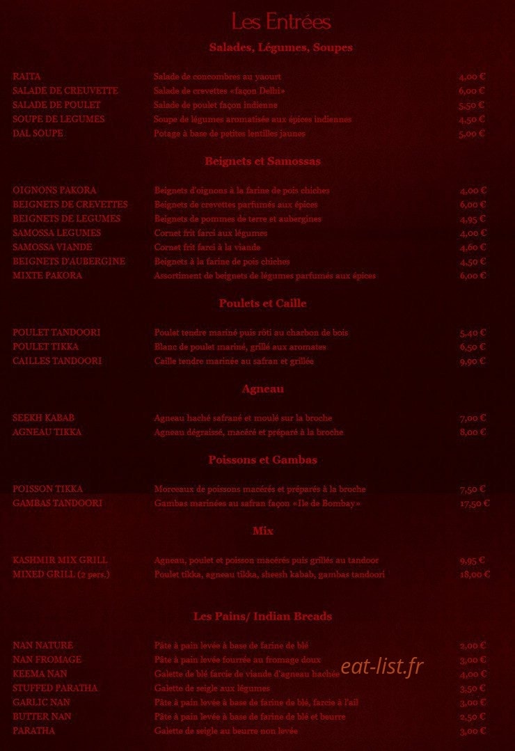 Kashmir Cafe — carte page 1
