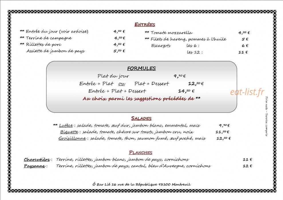 Ô Bar Lié — carte page 3