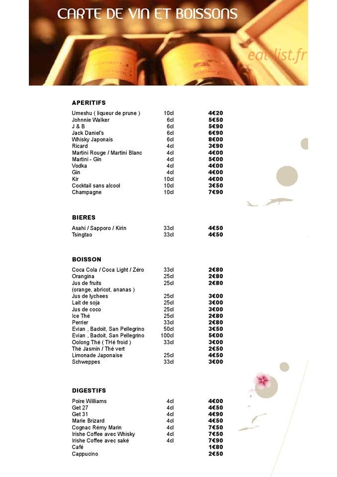 Carte et menu de Royal Tokyo à Rosny Sous Bois — Vins et boissons 1