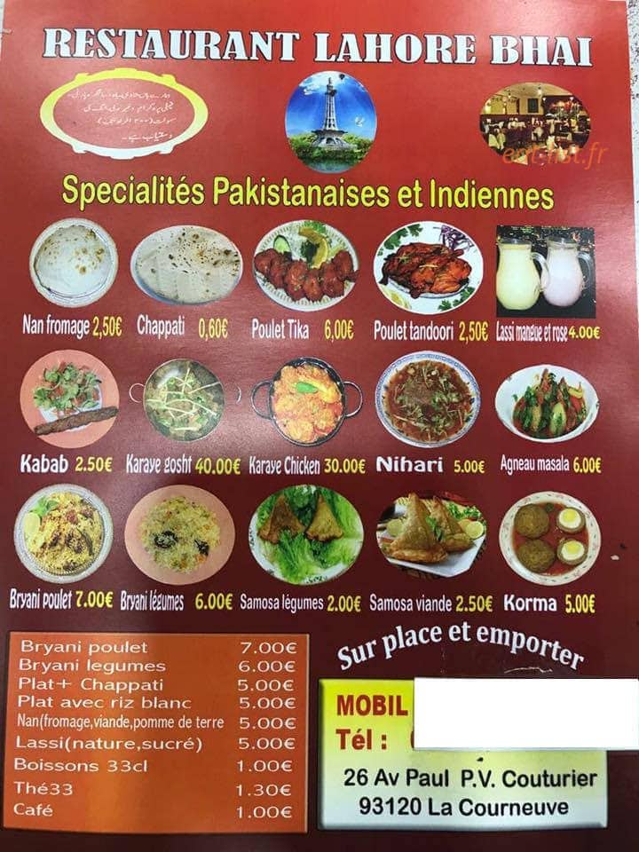 Restaurant Lahore — carte page 1