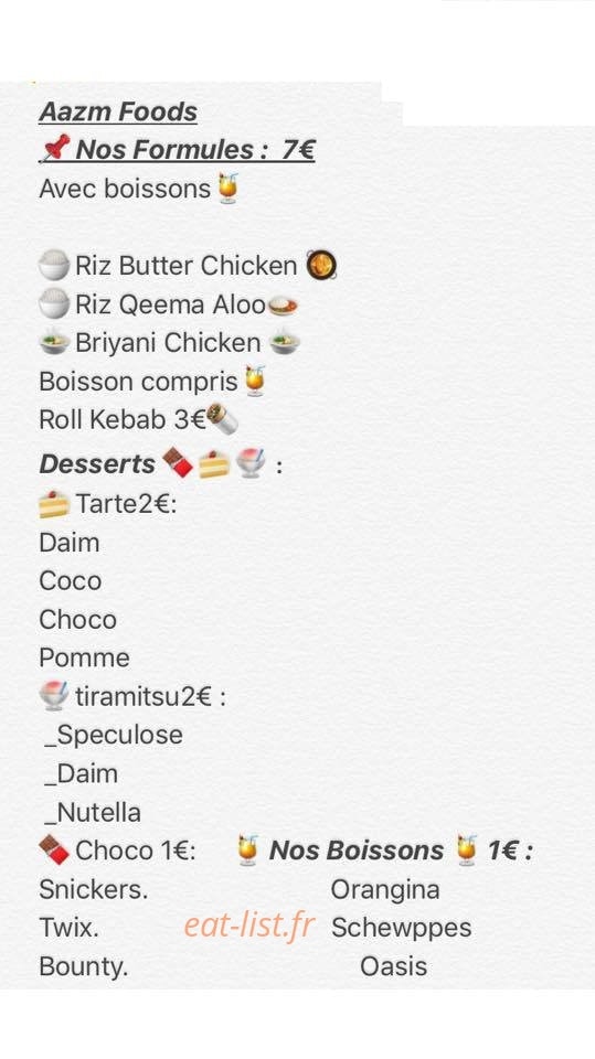 Aazm foods — carte page 1