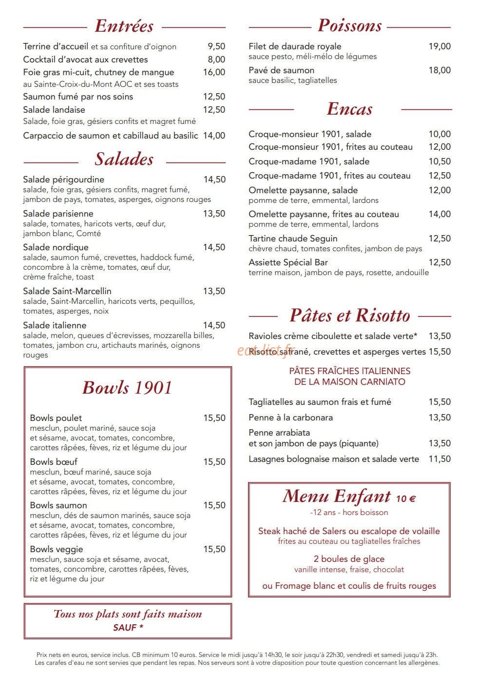 Brasserie 1901 — carte page 1